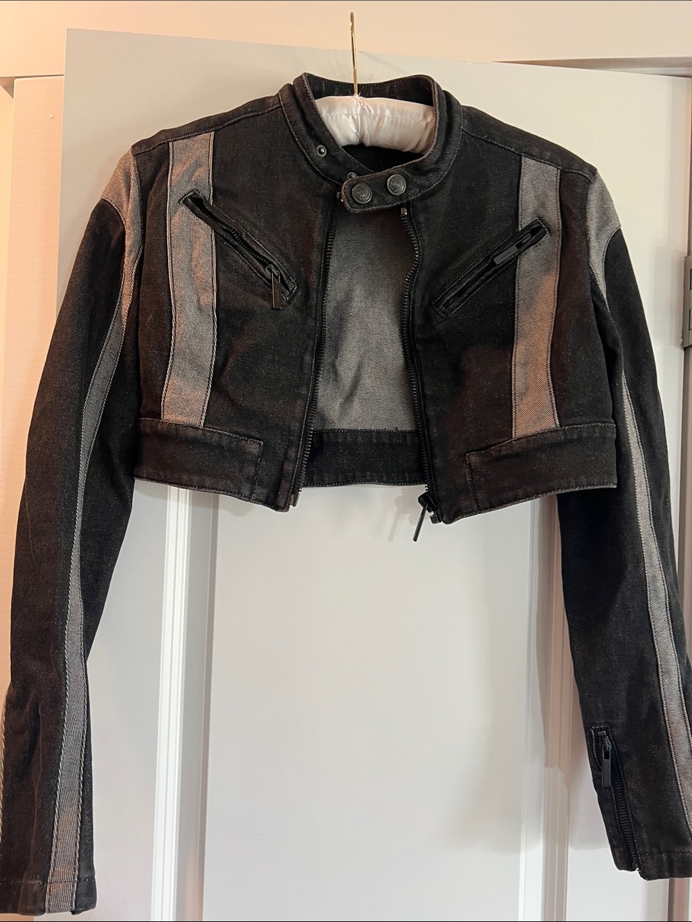 Cropped Black and Gray Moto-Style Leather Jacket